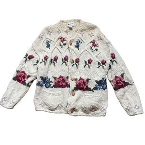 Vtg Express Tricot Womens Wool Cardigan M/L Bespoke Floral Knit Cottagecore Boho